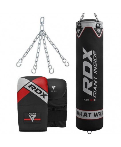 RDX 3Pc Punch Bag and Bag Gloves in Black (4ft/5ft)