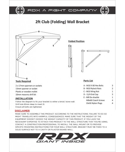 RDX X2 Black Folding Wall Mount Bracket For Punch Bags w 3 Months Warranty